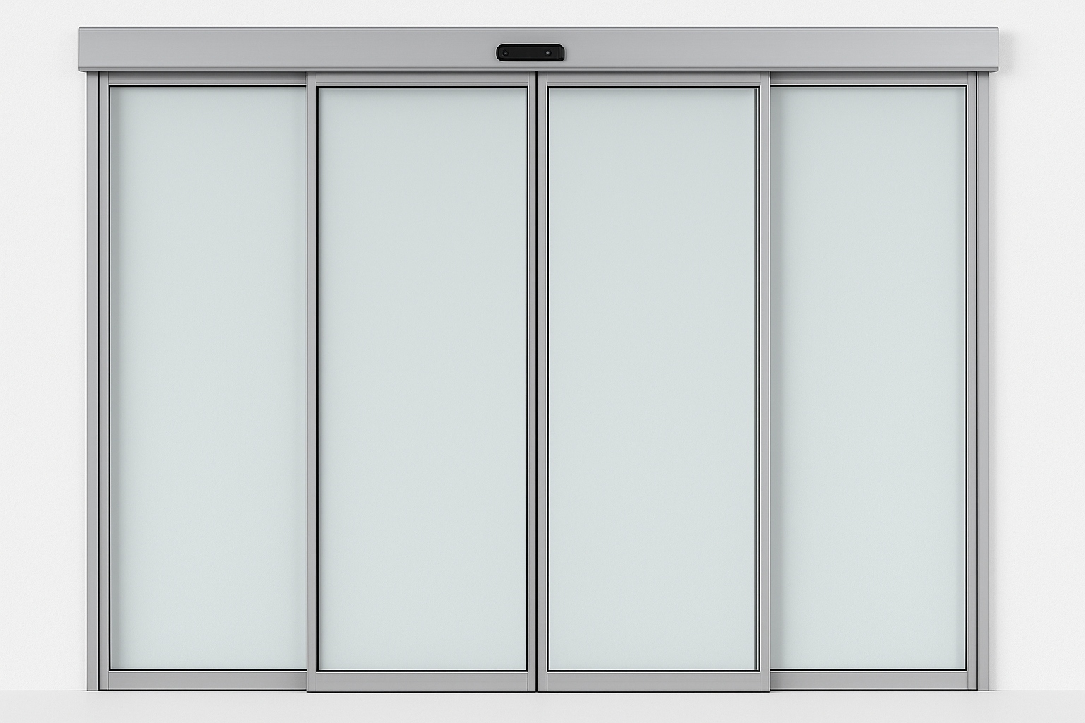 100–150 x 220 cm ölçülerinde, alüminyum çerçeveli çift kanat fotoselli otomatik kapı modeli – modern camlı kapı sistemi